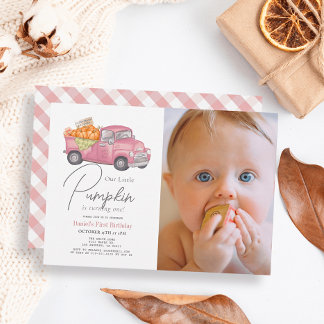 Pink Pumpkin Truck Gingham Girl Foto 1. Geburtstag Einladung