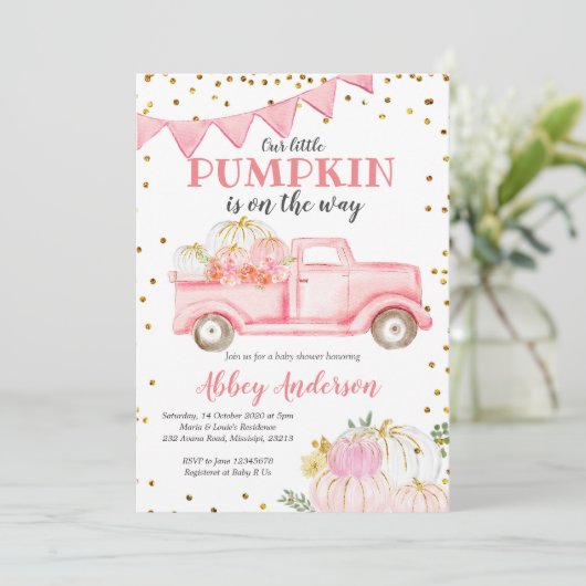 Pink Pumpkin Truck Girl Babydusche Einladung (Stehend Vorderseite)