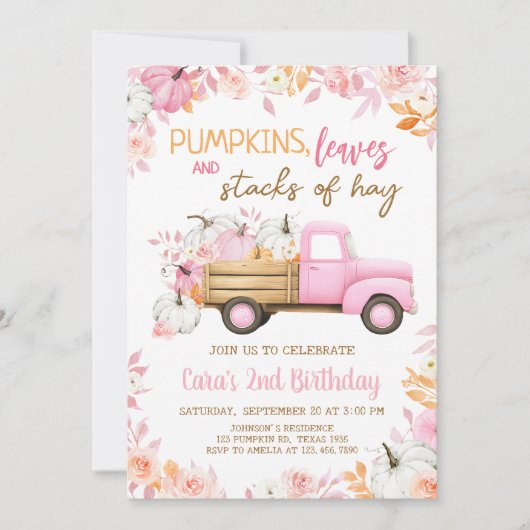 Pink Pumpkin Truck Herbst Geburtstag Einladung (Vorderseite)