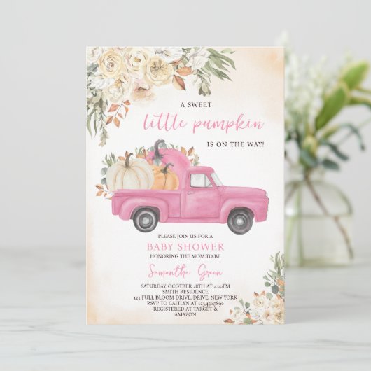Pink Pumpkin Truck Kinderdusche Einladung (Stehend Vorderseite)