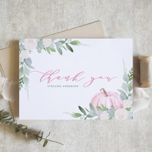Pink Pumpkin und Greenery Herbst Babydusche Dankeskarte