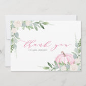 Pink Pumpkin und Greenery Herbst Babydusche Dankeskarte (Vorderseite)