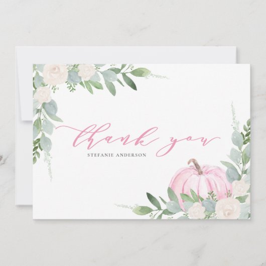 Pink Pumpkin und Greenery Herbst Babydusche Dankeskarte (Vorderseite)