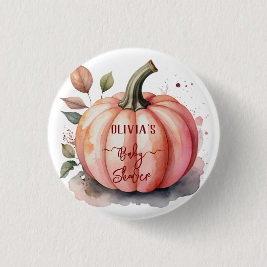 Pink Pumpkin Watercolor Boho Baby Girl Dusche Button (Vorderseite)