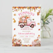 Pink Pumpkins Blätter und Stapel von Hay Birthday Einladung (Stehend Vorderseite)