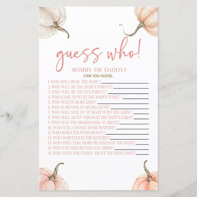 Pink Pumpkins Fall Guess Who Baby Shooting Game (Vorderseite)