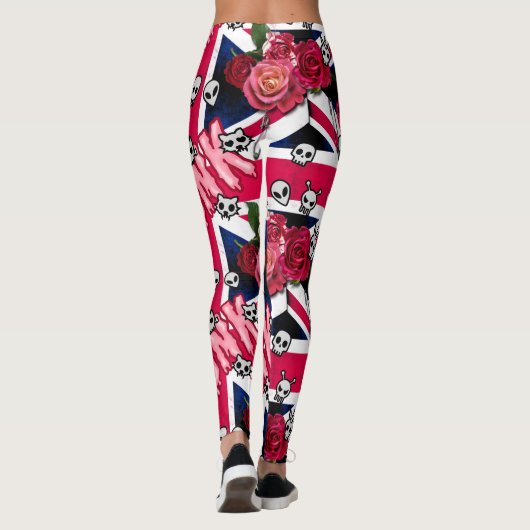 Pink Punk Grunge Union Jack mit Emojis und Rose Leggings (Rückseite)