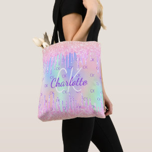 Pink-Puprle-Tropfen holografisches Monogramm Tasche