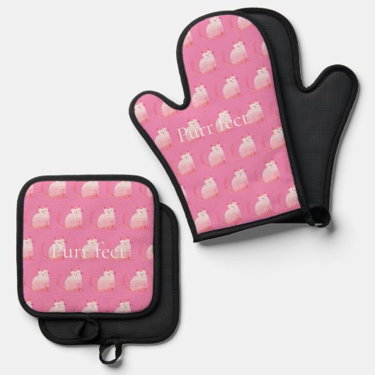 Pink Purffect Cat Ofenhandschuh & Topflappen-Set (Vorderseite/Rückseite)
