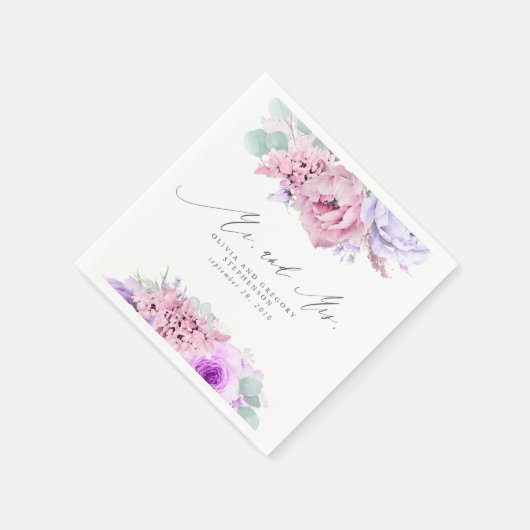 Pink Purple Blumen Elegante Botanische Mr. and Mrs Serviette (Ecke)