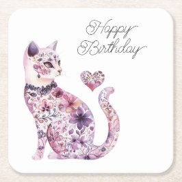 Pink Purple Blush Flowers Heart Love Cat Birthday Rechteckiger Pappuntersetzer