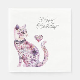 Pink Purple Blush Flowers Heart Love Cat Birthday Serviette