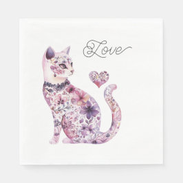 Pink Purple Blush Flowers Heart Love Cat Birthday Serviette