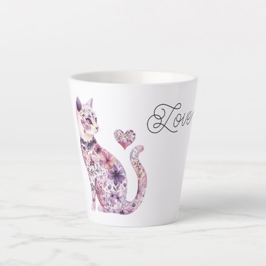 Pink Purple Blush Flowers Heart Love Cat Milchtasse (Vorderseite)