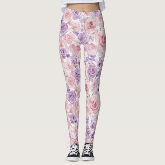 Pink Purple Blush Flowers Hearts Leggings (Vorderseite)