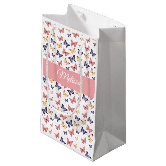 Pink Purple Butterflies Custom Name Kleine Geschenktüte (Vorderseite Schrägansicht)