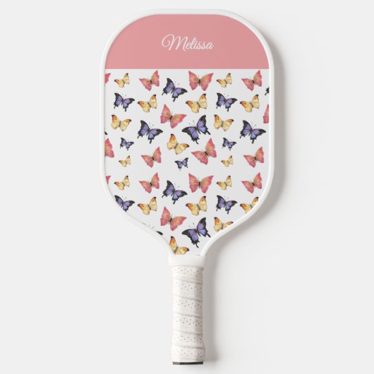 Pink Purple Butterflies Monogram Custom Name Pickleball Schläger (Vorderseite)