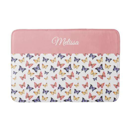 Pink Purple Butterflies Monogram Name Badematte (Vorderseite)