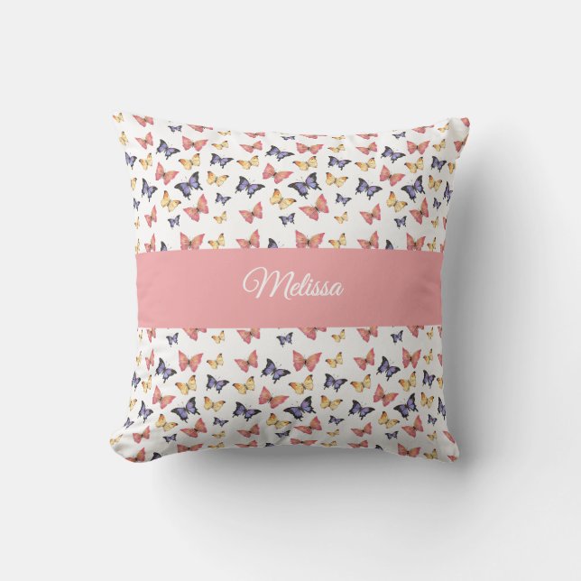 Pink Purple Butterflies Monogram Name Kissen (Vorderseite)