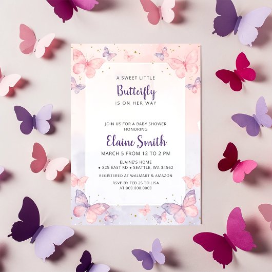 Pink Purple Butterfly Baby Shower  Einladung