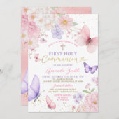 Pink Purple Butterfly Girl First Holy Communion Einladung (Vorne/Hinten)