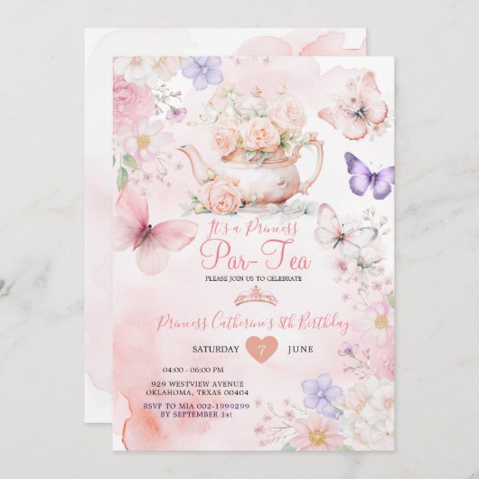 Pink Purple Butterfly Princess ParTea Birthday  Einladung (Vorne/Hinten)