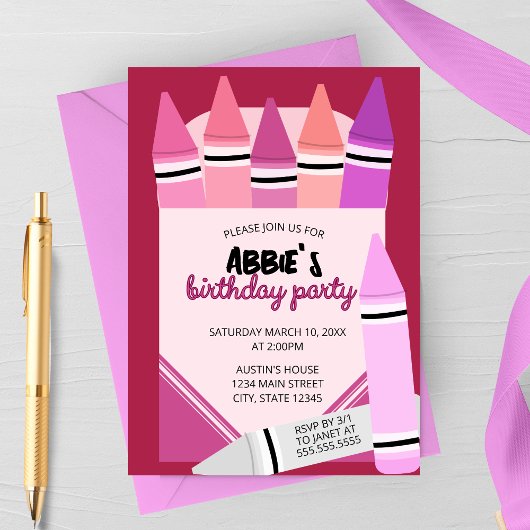 Pink & Purple Crayon Box Birthday Party Invitation Einladung