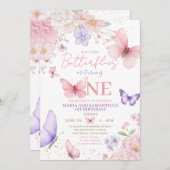Pink Purple Cute Butterfly Twin Girl 1st Birthday Einladung (Vorne/Hinten)