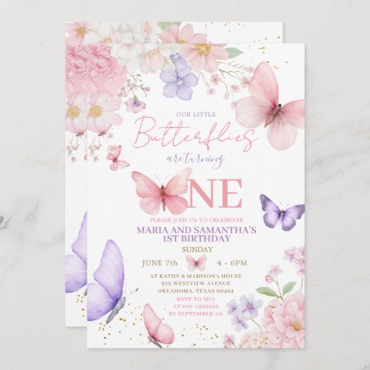 Pink Purple Cute Butterfly Twin Girl 1st Birthday Einladung (Vorne/Hinten)