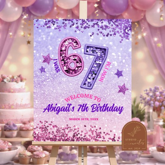 Pink Purple Glitter 67 Birthday Party Poster