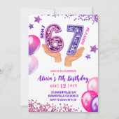 Pink Purple Glitter hand 67 Birthday Party Einladung (Vorderseite)