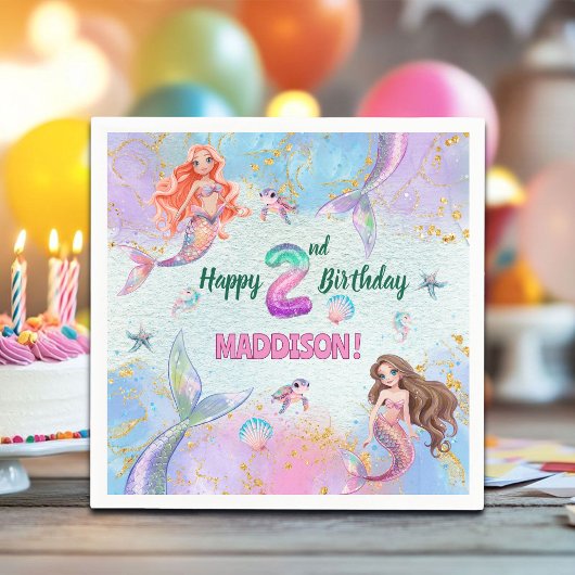 Pink Purple Glitter Mermaids 2nd Birthday Party Serviette