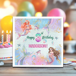 Pink Purple Glitter Mermaids 3rd Birthday Party Serviette