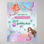 Pink Purple Glitter Mermaids 3rd Birthday Welcome Poster (Vorne)