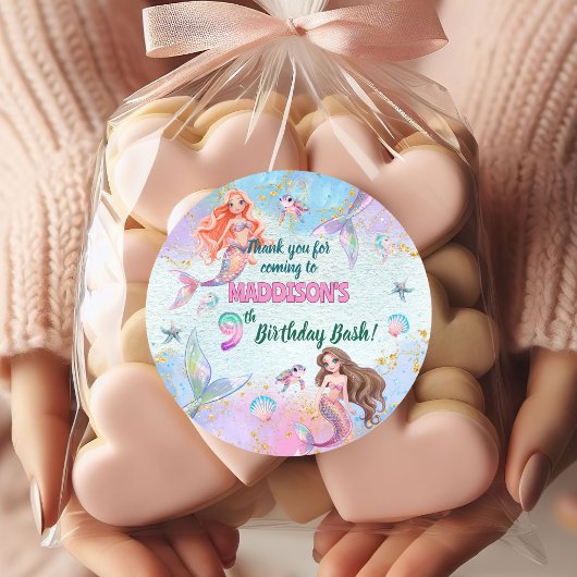 Pink Purple Glitter Mermaids 9th Birthday Party Runder Aufkleber