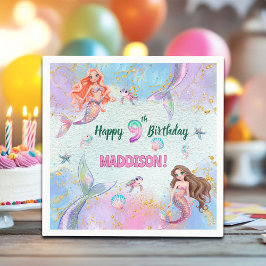 Pink Purple Glitter Mermaids 9th Birthday Party Serviette