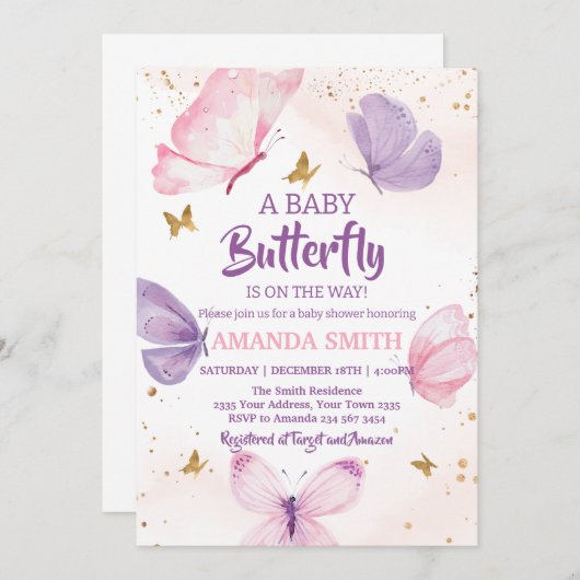  Pink Purple Gold Butterfly Baby Shower Einladung (Vorne/Hinten)