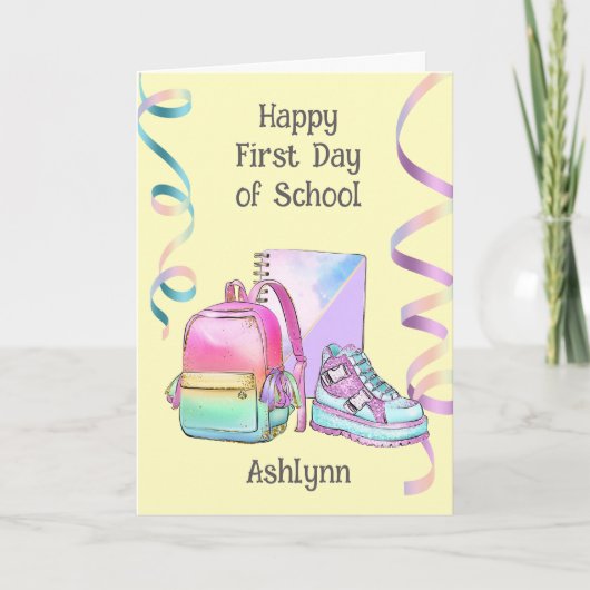 Pink Purple Happy First Day of School Karte (Vorderseite)