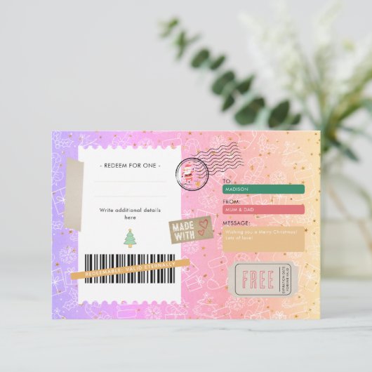 Pink Purple Pattern Christmas Ticket Gift Voucher (Stehend Vorderseite)