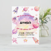 Pink Purple Planet Space First Trip Around the Sun Einladung (Stehend Vorderseite)