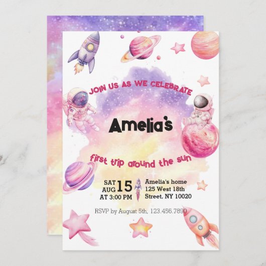 Pink Purple Planet Space First Trip Around the Sun Einladung (Vorne/Hinten)