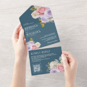 Pink Purple Rose Floral QR Code Dusty Blue Wedding All In One Einladung (Abreißen)