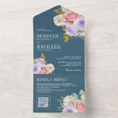 Pink Purple Rose Floral QR Code Dusty Blue Wedding All In One Einladung (Innen Boden)