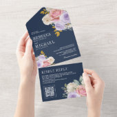 Pink Purple Roses Floral QR Code Navy Blue Wedding All In One Einladung (Abreißen)