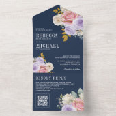 Pink Purple Roses Floral QR Code Navy Blue Wedding All In One Einladung (Innen Boden)