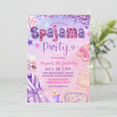 Pink Purple sequin Spajama Party Birthday Einladung (Stehend Vorderseite)