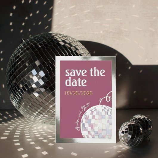 Pink, Purple & Silver Disco Wedding Save the Date Folieneinladung