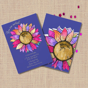 Pink & Purple Sonnenblumen-Watercolor-Geburtstagsf Einladung