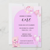 Pink Purple Teddy Bear 1st Birthday Invitation Einladung (Vorderseite)