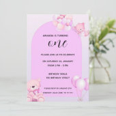 Pink Purple Teddy Bear 1st Birthday Invitation Einladung (Stehend Vorderseite)
